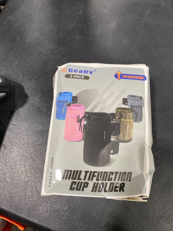 Photo 1 of GEARV 2Pack Cup Holder for Bike, Scooter and Wheelchair, Water Bottle Holder for UTV/ATV, Walker, Golf Cart and Beach, Universal Drink Holder Accessories with Net Pocket and Cord Lock (Black)