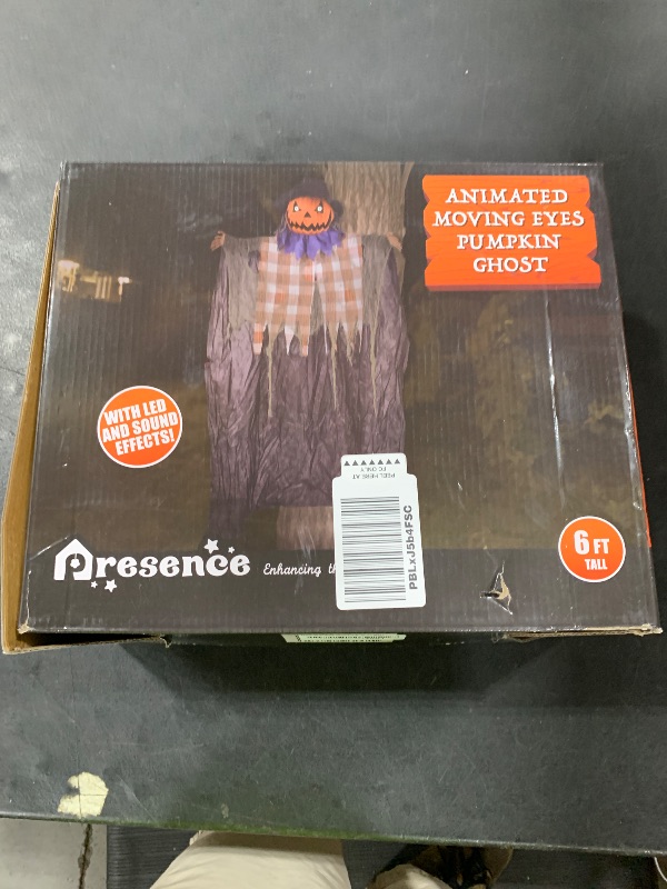 Photo 1 of PRESENCE 6FT Halloween Decorations Outdoor - Hanging Animatronic Halloween Decoration Jack-O'-Lantern with Glowing Eyes and Sound Activated Halloween Outdoor Decoration Haunted House Prop Decor