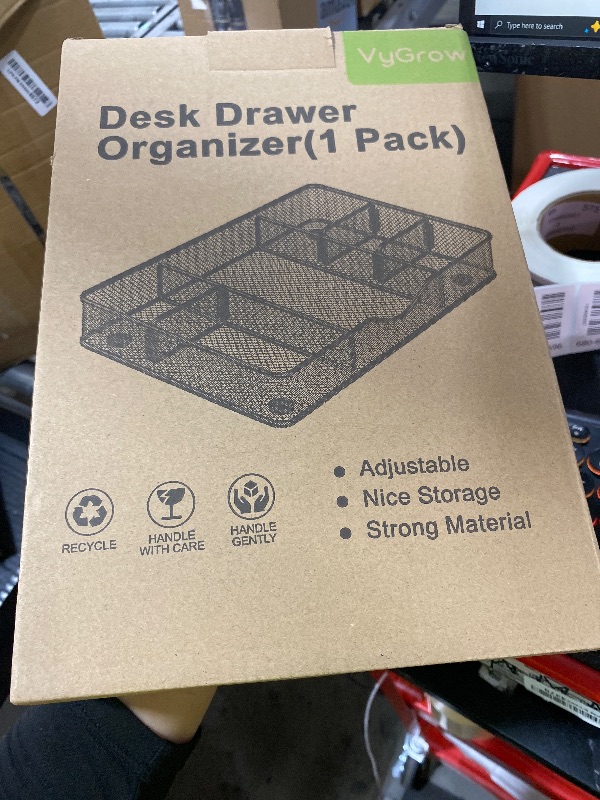 Photo 1 of VyGrow Desk Drawer Organizer Tray, Metal Mesh Drawer Organizers Office, 6 Adjustable Compartment, Desk Organizer Tray for Home Office 12 x 8.26 x 1.96 inch, Black, 1 Pack