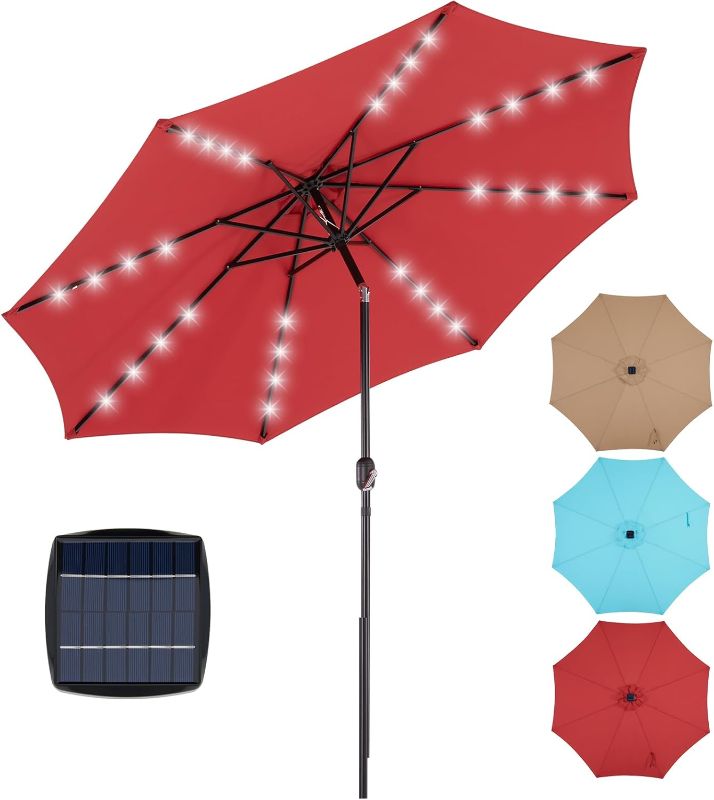 Photo 1 of OLIXIS 10FT Solar Patio Umbrella with 32 LED Lights, Tilt and Crank Button & 8 Sturdy Ribs Waterproof, Patio Table Umbrella Perfect for Poolside, Terrace, Beach and Outdoor Restaurant, Red
