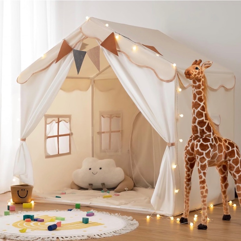 Photo 1 of Besrey Kids Play Tent 2 in 1 with Padded Mat and Lights, Large Kids Playhouse with 2 Doors & 4 Windows, Indoor & Outdoor, Christmas Toddler Tent, 51" x35" x 51"
