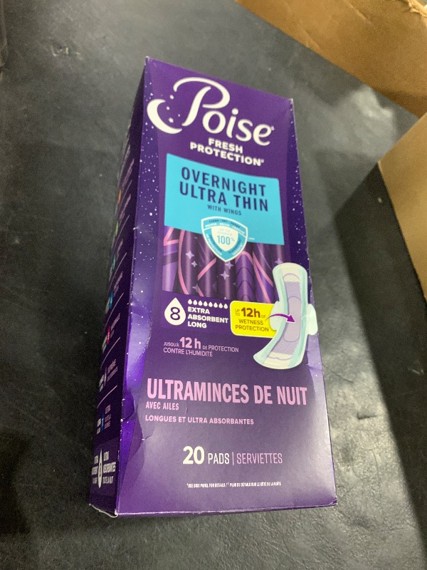 Photo 1 of Poise Overnight Ultra Thin Incontinence & Postpartum Pads with Wings for Bladder Leaks, 8 Drop Extra Absorbent, Long Length, 60 Count (3 Packs of 20)