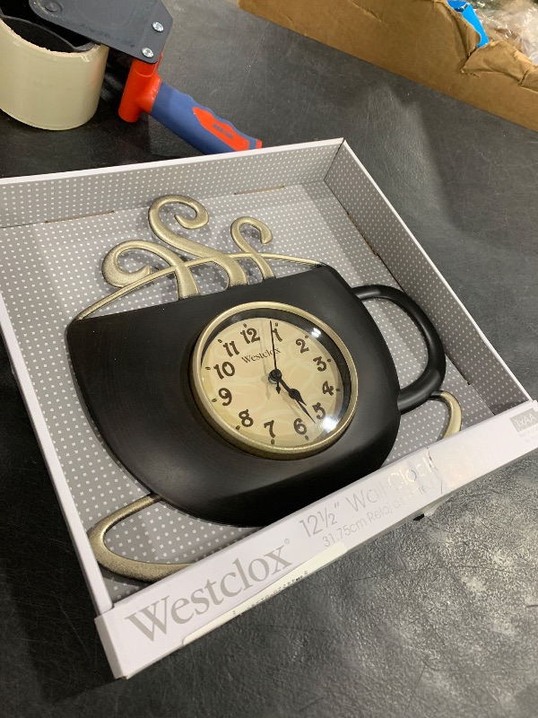 Photo 1 of Westclox 10-Inch Cappuccino Wall Clock - Stylish Coffee Cup Design with Quartz Movement, Large Modern Kitchen Clock, Easy to Read, Home and Office Decor, Battery Operated, Black/Gold