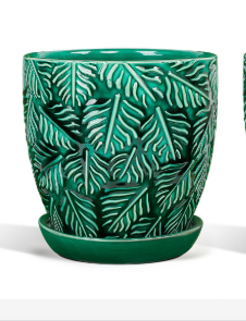 Photo 1 of LITUDISO Ceramic Plant Pots, 6 Inch Indoor Plant pots with Drainage Hole and Saucer, Flower Pots, Leaf Embossed - Green Glaze