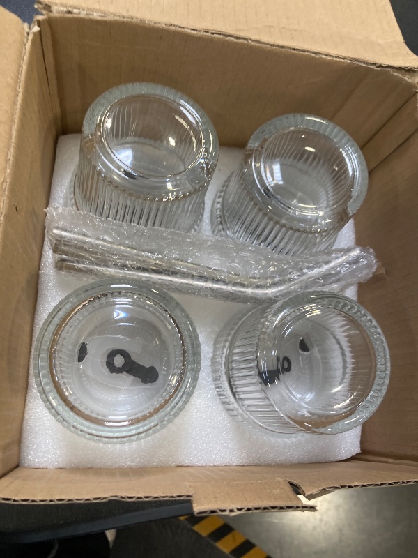 Photo 1 of 4 Packs Ribbed Glass Tumbler with Lid and Straw 13 oz Cute Ice Coffee Cup Set for Smoothie Juice Matcha Tea Latte Cappuccino Espresso Hot Coffe Water Reusable Clear Travel Boba Aesthetic Drinking Mug