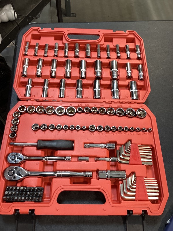 Photo 1 of 117 Pieces 1/4 and 3/8 inch Drive Socket Ratchet Wrench Set, Metric/SAE Size, with Bit Socket Set and Extension Bar for Auto Repairing and Household, with Storage Case