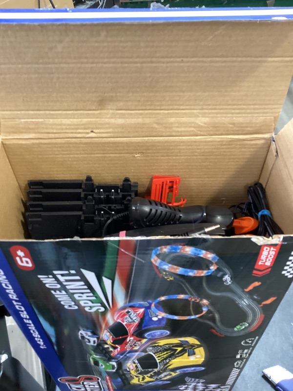 Photo 1 of 2-in-1 Slot Car Race Track Set with 4 High-Speed Cars, Electric Track, Dual Racing Game with 2 Controllers, Circular Overpass Design Featuring Flash Tracks. Toy Gift for Boys Kids Ages 4-6 6-8 8-12