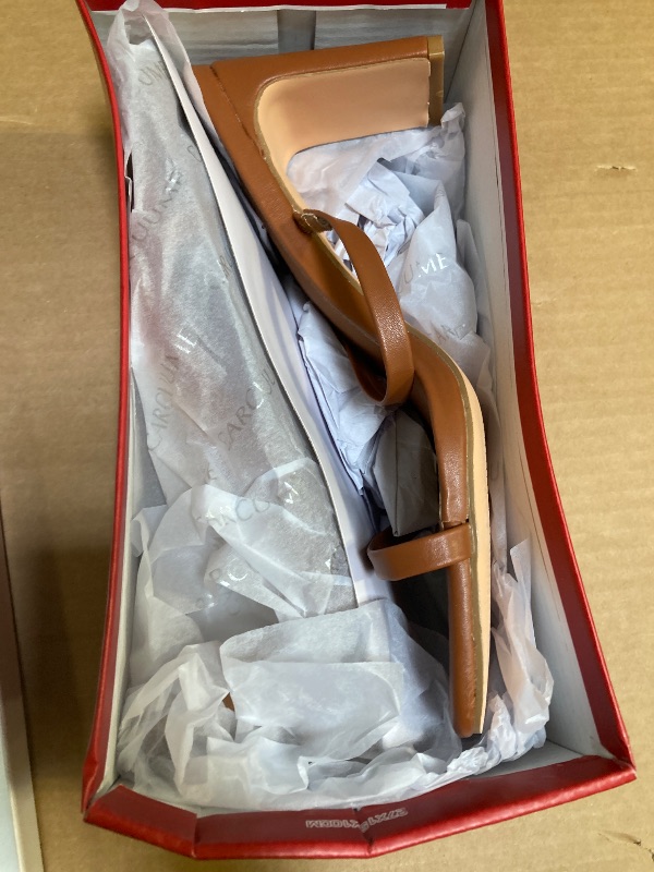 Photo 1 of Carcuume Women's Square Toe Two Strap Open Toe Block Heels Sandals Slip On Shoes,Brown Pu,10,O1