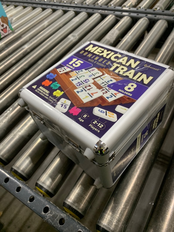 Photo 1 of Queensell Mexican Train Dominoes Set Double 15 with Numbers - Dominoes Set for Adults and Family – 136 Tiles, 9 Trains, Wooden Hub, 8 Tile Holders, Aluminum Case (D15 Numbers + 8 Holders)