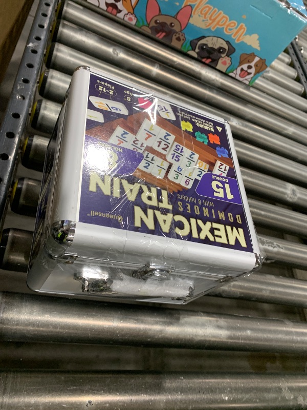 Photo 1 of Queensell Mexican Train Dominoes Set Double 15 with Numbers - Dominoes Set for Adults and Family – 136 Tiles, 9 Trains, Wooden Hub, 8 Tile Holders, Aluminum Case (D15 Numbers + 8 Holders)