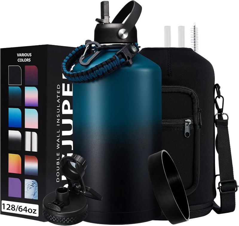 Photo 1 of 1 Gallon Water Bottle Stainless Steel - 128oz Insulated Flask Water Bottle with Sleeve Strap, Big Water Jug with Straw & Spout Lid, Gym Camping Gallon Water Bottle w/Paracord Handle, protective Boot
