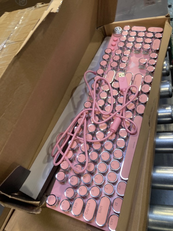Photo 1 of AULA F2088 Typewriter Mechanical Keyboard, Pink Retro Wired Gaming Keyboard with Blue Switches, Rainbow Backlit, Round Keycaps, Media Knob & Removable Wrist Rest
