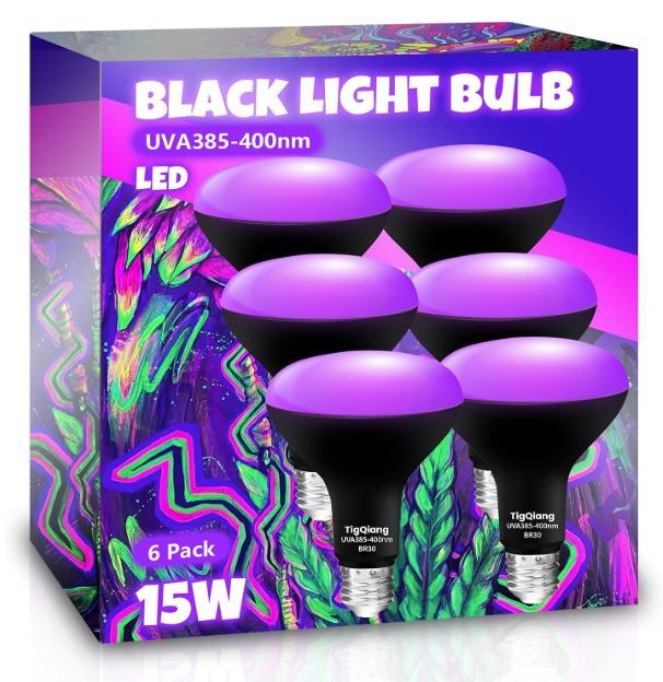 Photo 1 of 6 Pack Black Light Bulbs, Blacklight Bulb 120W Equivalent, E26 BR30 LED Black Light Bulb 385-400nm for Halloween Christmas Decorations, Body Paint, Glow in The Dark Party, Fluorescent Poster