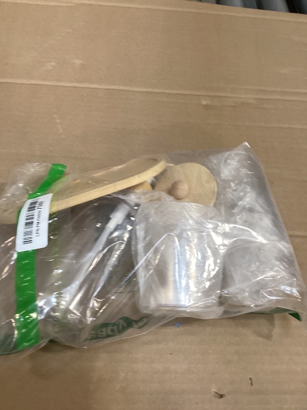 Photo 1 of 5 Pack Bamboo Bathroom Accessories Set with Tray - Plastic Soap Dispenser Clear Toothbrush Holder and 2 Qtip Holder Cotton Ball Container Jar