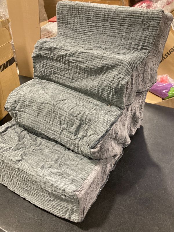 Photo 1 of Heeyoo Dog Stairs for Small Dogs, 4-Step Dog Steps for High Bed and Couch, High-Density Foam Pet Steps with Supporting Board, Non-Slip Removable Washable Cover, Grey, 18" High