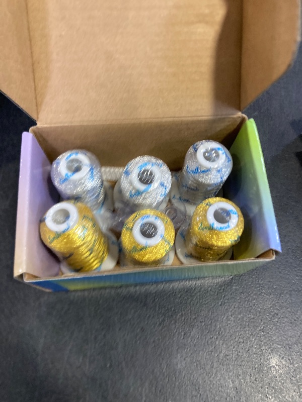 Photo 1 of Simthread 6 Spools Metallic Embroidery Machine Thread (3 Gold+ 3 Silver Colors) 500M(550Y) for Embroidery and Decorative Sewing