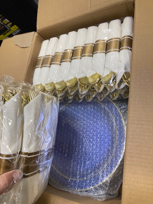 Photo 1 of 350PCS Clear Blue Plastic Plates for 50 Guests, Disposable Dinnerware Set for Party and Graduation, Includes 100 Plastic Plates, 50 Pre Rolled Napkins with Gold Silverware, 50 Cups