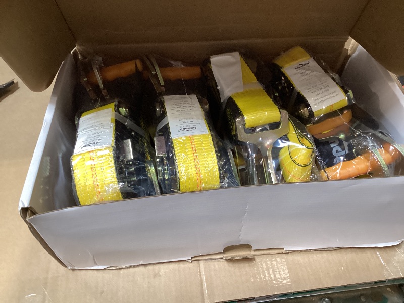 Photo 1 of Autofonder Heavy Duty Adjustable Car Tie Down Kit with Snap Hooks -Break Strength 10,000 lbs-Working Load 3333 lbs-Bonus Includes 4 Pack 36" Axle Straps with D-Ring(Yellow)