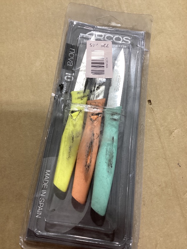 Photo 1 of Arcos Paring Knife Set of 3 Pieces 4 Inch Stainless Steel. Colorful Kitchen Knives for Peeling Fruits and Vegetables. Ergonomic Polypropylene Handle. Series Nova. Color Orange, Yellow and Blue.