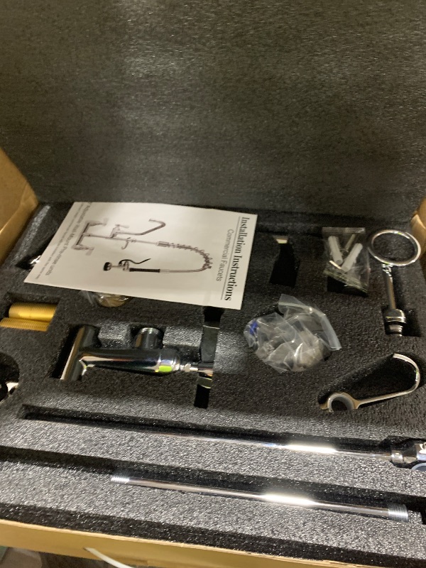 Photo 1 of APLWY 25" Height Commercial Faucet Wall Mount with Sprayer 8" Adjustable Center 12" Swing Spout, Wall Mount Kitchen Sink Faucet with Pull Down Pre-Rinse Sprayer for 1/2 Compartment Sink