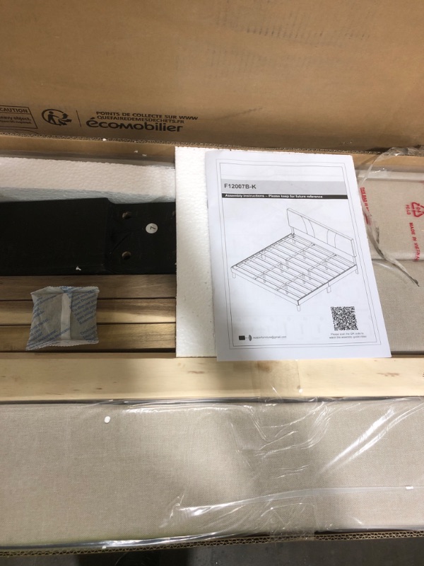 Photo 1 of Novilla King Size Bed Frame with Adjustable Headboard Platform King Bed Frame Linen Fabric Upholstered Headboard, No Box Spring Needed, Noise-Free, Wooden Slats Support, Easy Assembly, Beige