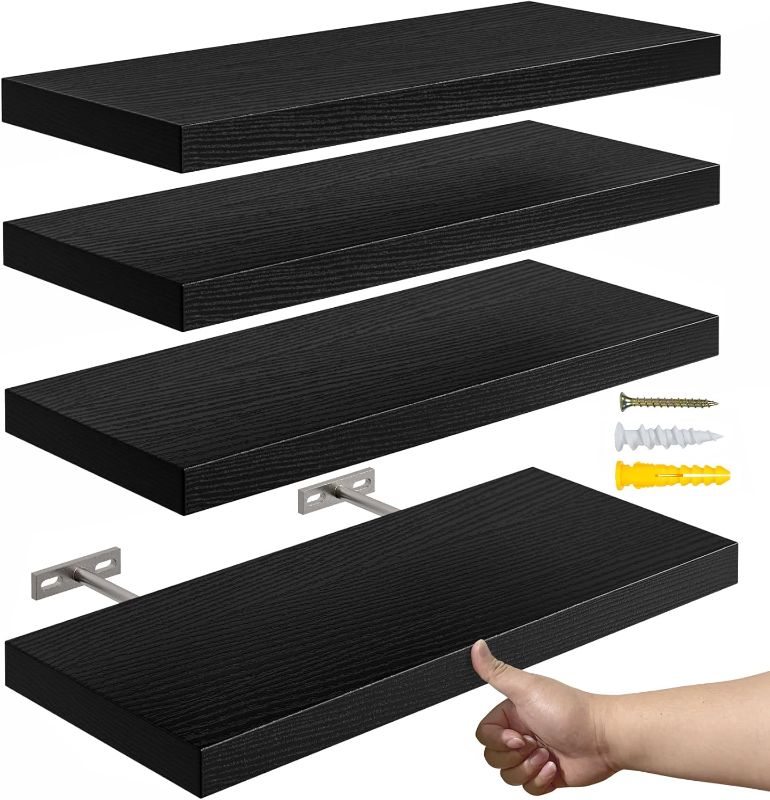 Photo 1 of 16’’Black Floating Shelves for Wall Set of 4,Rustic Wood Shelf for Room Decor/Storage/Display,Small Bookshelf,Wall Mounted Hanging Shelves for Bedroom, Bathroom, Living Room, Kitchen