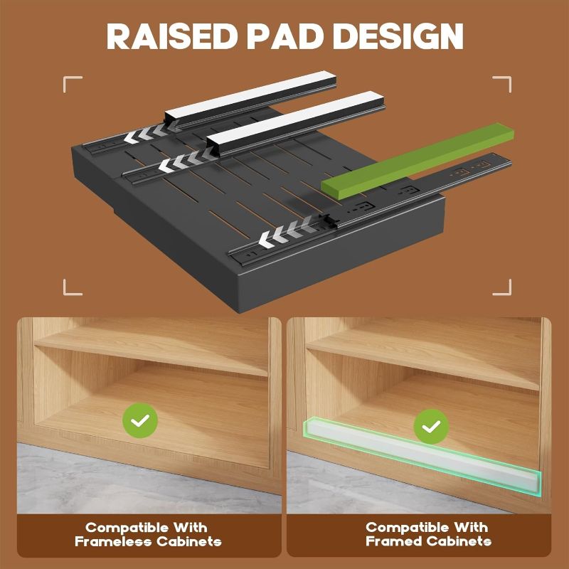 Photo 1 of  Expandable (15.1"-26.3") Pull Out Cabinet Organizer 21" Deep With Raising Pad for Framed Cabinets,Upgrade 3 Slide Rails Slide Out Drawers,No Drill Roll Out Shelves Adhesive,Black

