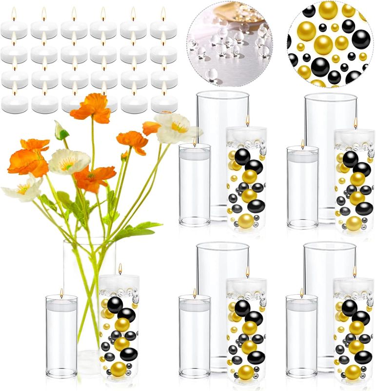 Photo 1 of **MISSING ONE VASE/ALL VASES 6 IN HIGH**12 Set Hurricane Candle Holder Glass Cylinder Vases for Centerpieces with 60000 vase Filler 300 No Hole Pearl 24 Floating Candles Wedding Centerpieces Vases for Table Decor 6' INCH HIGH VASES