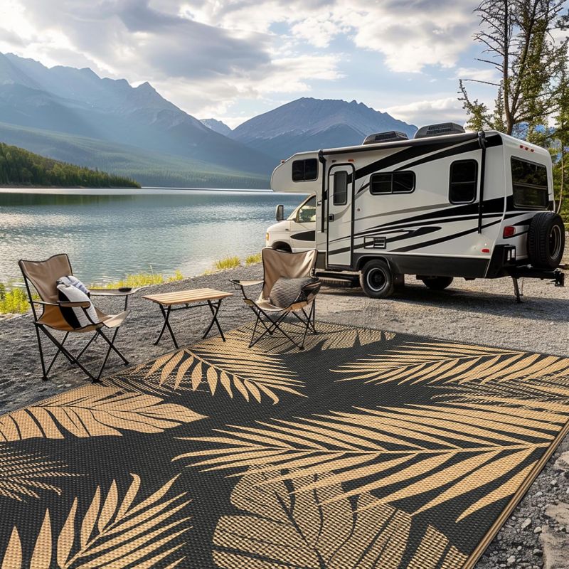 Photo 1 of  Outdoor Rug Waterproof for Patio Decor, Reversible Plastic Straw Rug Carpet, Camping Mats for Outdoor, RV, Backyard, Deck, Balcony, Picnic, Mix Black & Brown
