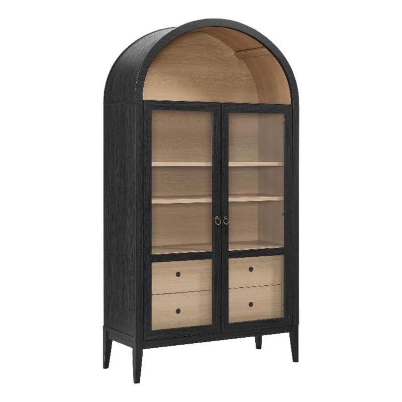 Photo 1 of **2 boxes**Modway Nolan Tall Arched Storage Display Cabinet in Black Oak - 74 Inch Arch Bookshelf with Glass Doors, Shelves and Drawers - Modern Accent Cabinet for Living Room, Dining Room