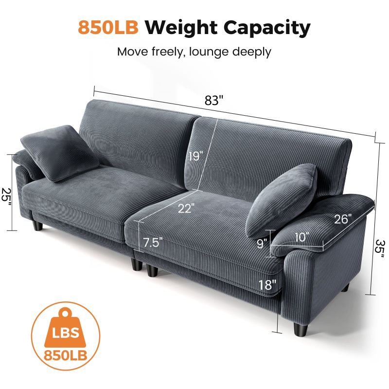 Photo 1 of ***parciasl set**83" Corduroy Sofa,Loveseat Sofa with Extra Deep Seat Couches ,Comfy Upholstered Couch for Living Room,Tool-Free Setup with 2 Pillows,Gray