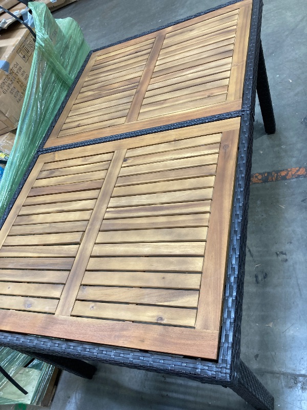 Photo 1 of **parcial set**HAPPYGRILL 7 Pieces Outdoor Dining Set, Patio Conversation Set with Umbrella Hole, Acacia Wood Tabletop & Seat Cushions, Dining Table with 6 Rattan Wicker Chairs for Backyard Poolside Deck