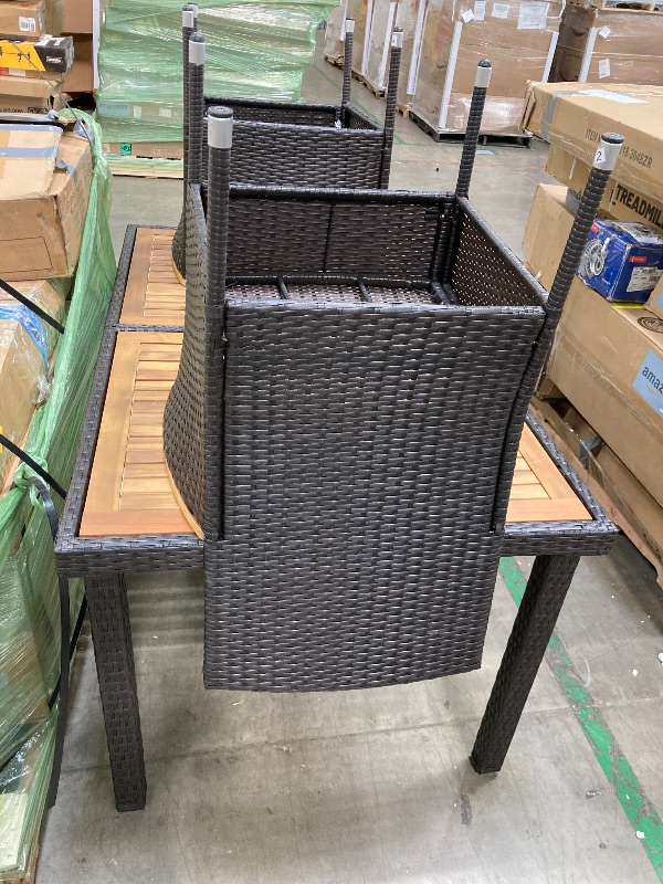 Photo 1 of **parcial set**HAPPYGRILL 7 Pieces Outdoor Dining Set, Patio Conversation Set with Umbrella Hole, Acacia Wood Tabletop & Seat Cushions, Dining Table with 6 Rattan Wicker Chairs for Backyard Poolside Deck