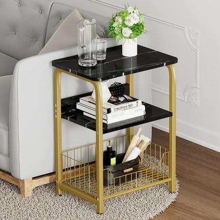 Photo 1 of **MISSING BOTTOM BASKET** End Table, Side Table Black FAUX Marble 2 Tiers Nightstand Industrial Retro Storage Shelf for Living Room Bedroom Kitchen Family and Office