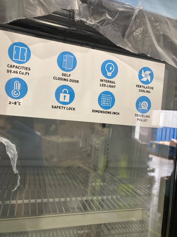 Photo 1 of *********The middle door's glass is broken.
It's factory sealed.*********Commercial Beverage Refrigerator, 75" W 60 Cu. Ft. Commercial Drink Fridge, Display Refrigerator with 3 Glass Door, Commercial Display Fridge with 12 Adjustable Shelves, for Shop, Re