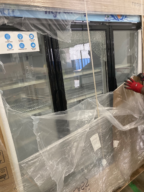 Photo 1 of *********The middle door's glass is broken.
It's factory sealed.*********Commercial Beverage Refrigerator, 75" W 60 Cu. Ft. Commercial Drink Fridge, Display Refrigerator with 3 Glass Door, Commercial Display Fridge with 12 Adjustable Shelves, for Shop, Re
