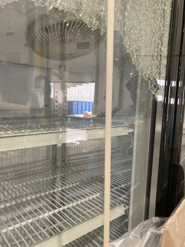 Photo 1 of *********The middle door's glass is broken.
It's factory sealed.*********Commercial Beverage Refrigerator, 75" W 60 Cu. Ft. Commercial Drink Fridge, Display Refrigerator with 3 Glass Door, Commercial Display Fridge with 12 Adjustable Shelves, for Shop, Re