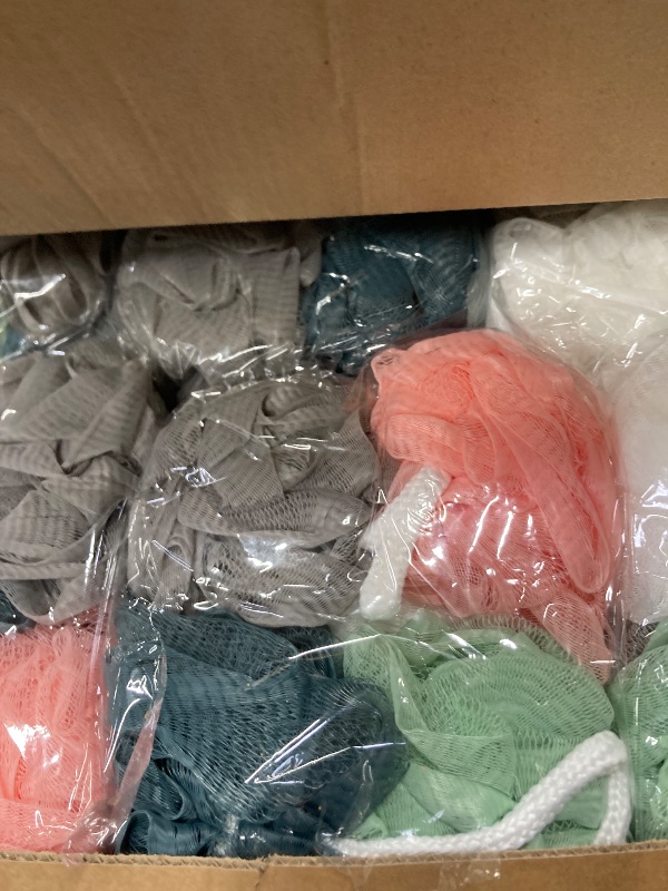 Photo 1 of 100 Pieces Bath Sponge Shower Loofah Bulk Body Scrubber Packs Assorted Colors Sponge Ball Soft Mesh Balls Exfoliating Body Shower Pouf Bath Scrunchies for Men and Women, 30gram