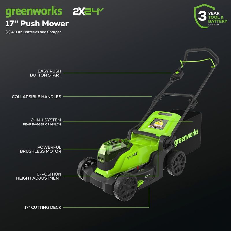 Photo 1 of *DIRTY* *Pieces may be missing* Greenworks 48V (2x24V) 17" Brushless Mower+12" String Trimmer +320CFM Blower,(2) 4.0Ah Batteries and 2A Dual Port Charger