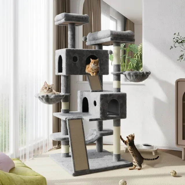Photo 1 of *Heavy* Amolife 65.7" Large Cat Tree and Tower Condo for Indoor Cats with 2 Scratching Boards, Hammock & Post, Gray
