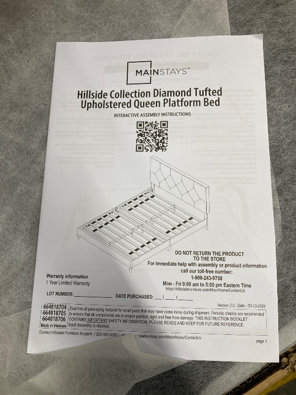Photo 1 of *Heavy* Mainstays Hillside Diamond Tufted Upholstered Queen Platform Bed, Gray
