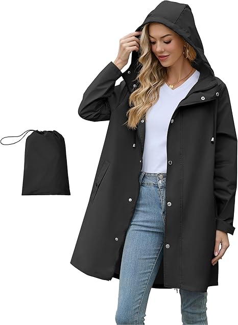 Photo 1 of **HAS SMALL SPOT-SEE PIC**American Trends Packable Waterproof Rain Jacket Women with Hood Raincoat Windbreaker Long Hooded Trench Coats S-2XL Available BLACK
