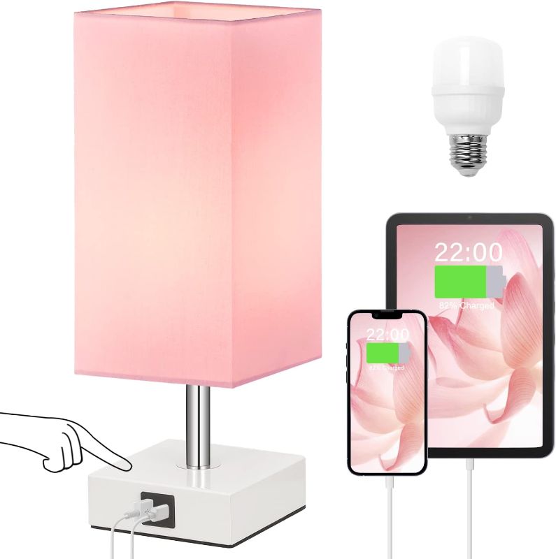 Photo 1 of 
Ambimall Touch Control Table Lamp with USB A+C Charging Ports - 3 Way Touch Lamps Bedside, Nightstand Lamp for Bedrooms, LED Bulb Included(Pink Shade 
