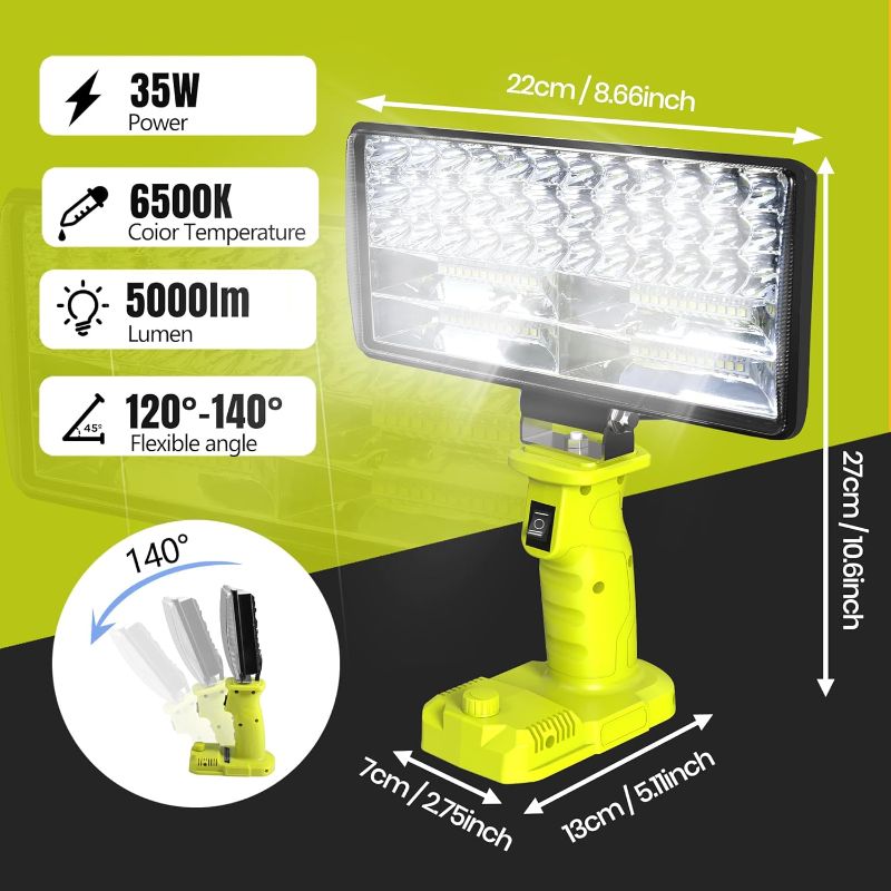 Photo 1 of 
Cordless Work Light, 4000 Lumen Flashlight, Compatible with Batteries Ryobi 18V, 35W Super Bright LED, Perfect for Garage, Camping,