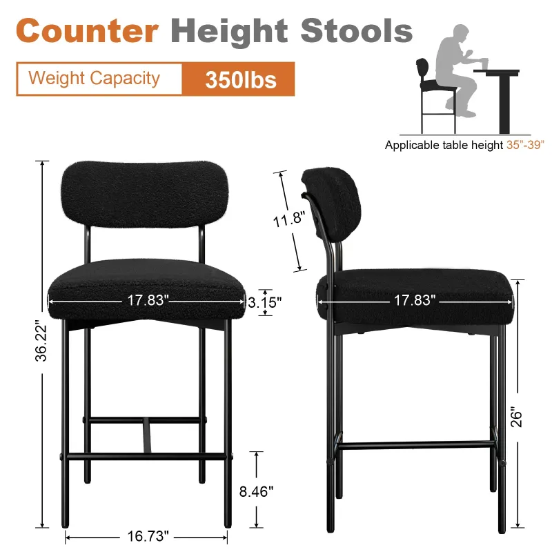 Photo 1 of 
Hommpa Bar Stools Set of 2 with Back & Footrest 26" Counter Height Barstools Boucle Bar Chairs Modern Pub Chairs Black Plush for Kitchen Island Bistro Coffee Shop Mid Back
