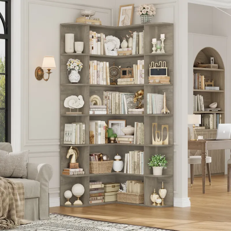 Photo 1 of **MISSING HARDWARE**Homfa 73.9” Tall Corner Bookshelf, 6 Tier L-Shaped Large Display Bookcase with Curved Edges for Living Room Home Office Study, Gray