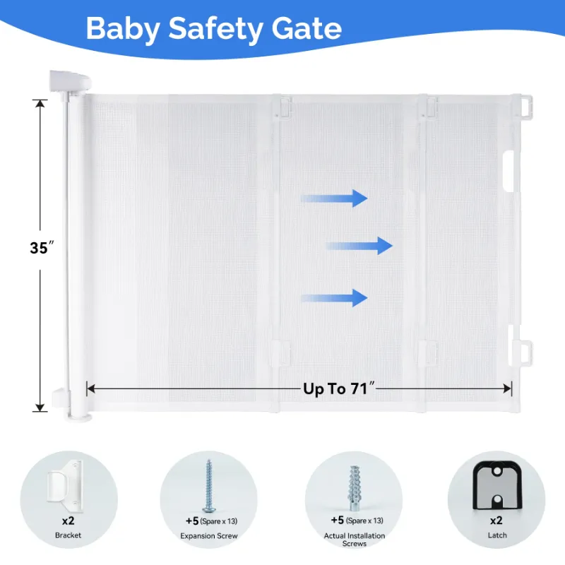Photo 1 of **********screws are missing********* Retractable Baby Safety Gate for Baby and Pet Extends to 71" Wide 35" Tall Child Safety Gate Mesh Gate for Stairs, Doorways,Hallways
