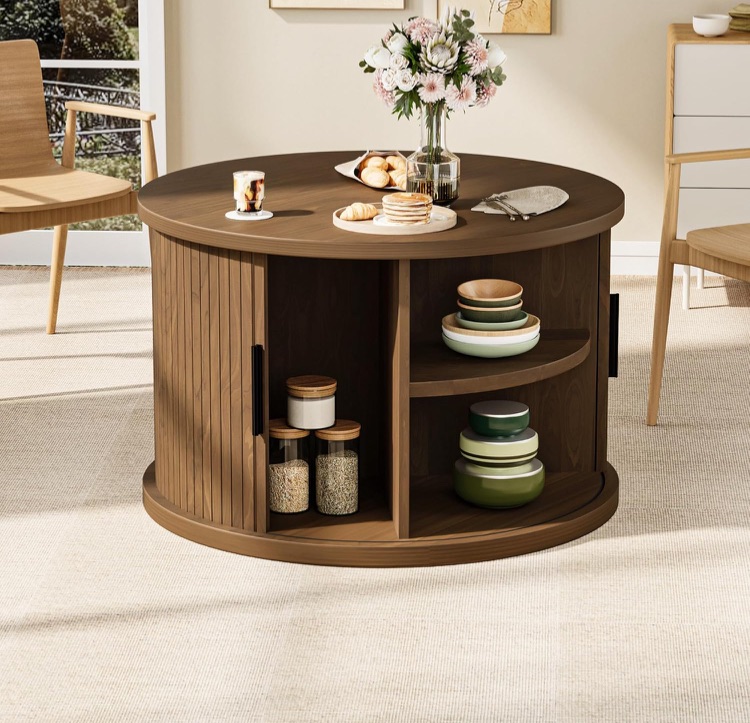 Photo 1 of *******PHPTP REFERENCE** Round Coffee Table, 31.5" Fluted Coffee Table with Storage, Fluted Accent Center Table with Sliding Door, Mid Century Modern Coffee Table for Living Room, Coffee Table Circle Wood?Walnut