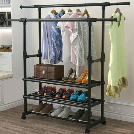 Photo 1 of ********MISSINGS PARTS********** 3 Tiers Double Rails Hanging Garment Rack on Wheels with Bottom Shelves for Shoes Black
