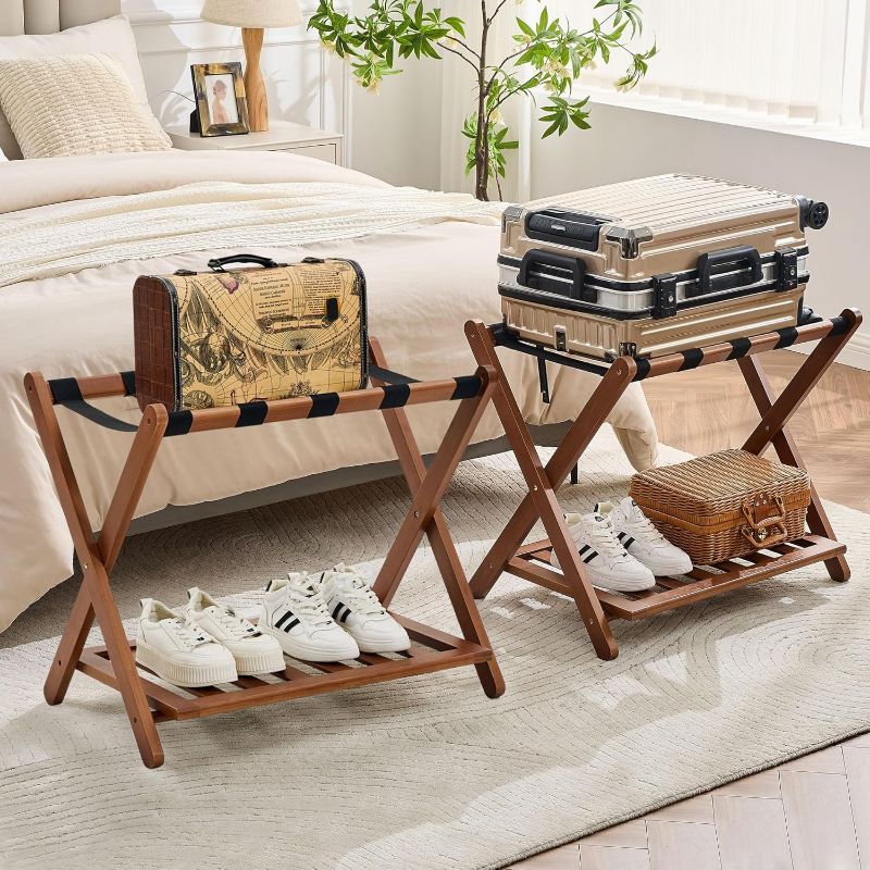 Photo 1 of *used *ck for Hotel Guest Room, Bedroom, Commercial Luggage Stand Holder for Suitcases, Bags, Foldable for Easy Storage, Walnut Finish 2pcs